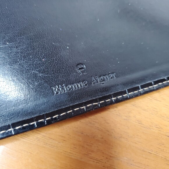 Etienne Aigner Black Leather Croc Print Wallet Vintage Card Holder Check Book - Picture 4 of 7